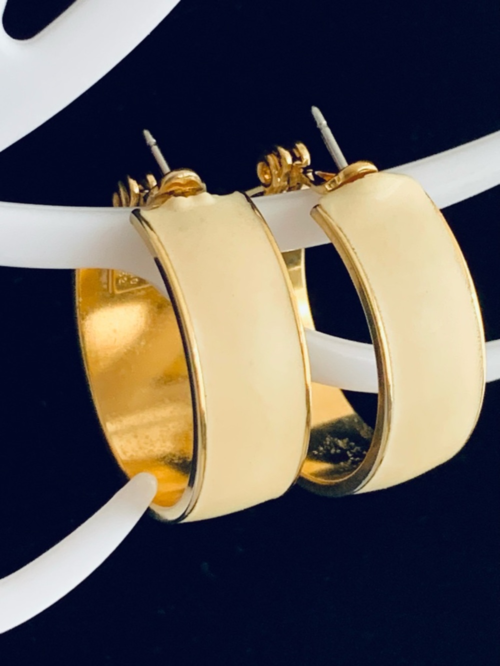 Monet Golden and Butter Cream Enamel Hoop Earrings